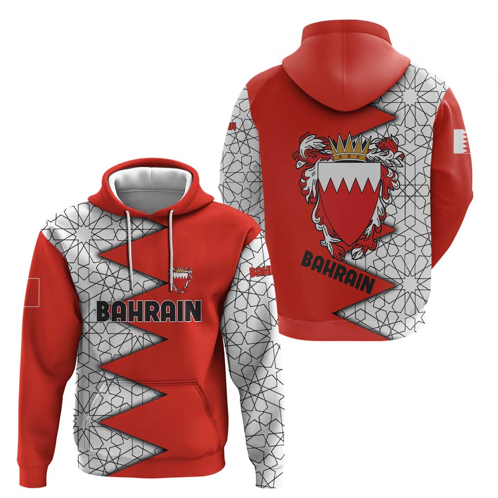 Bahrain Shield Design Zip Hoodie with Arabesque Tile Motif in Red