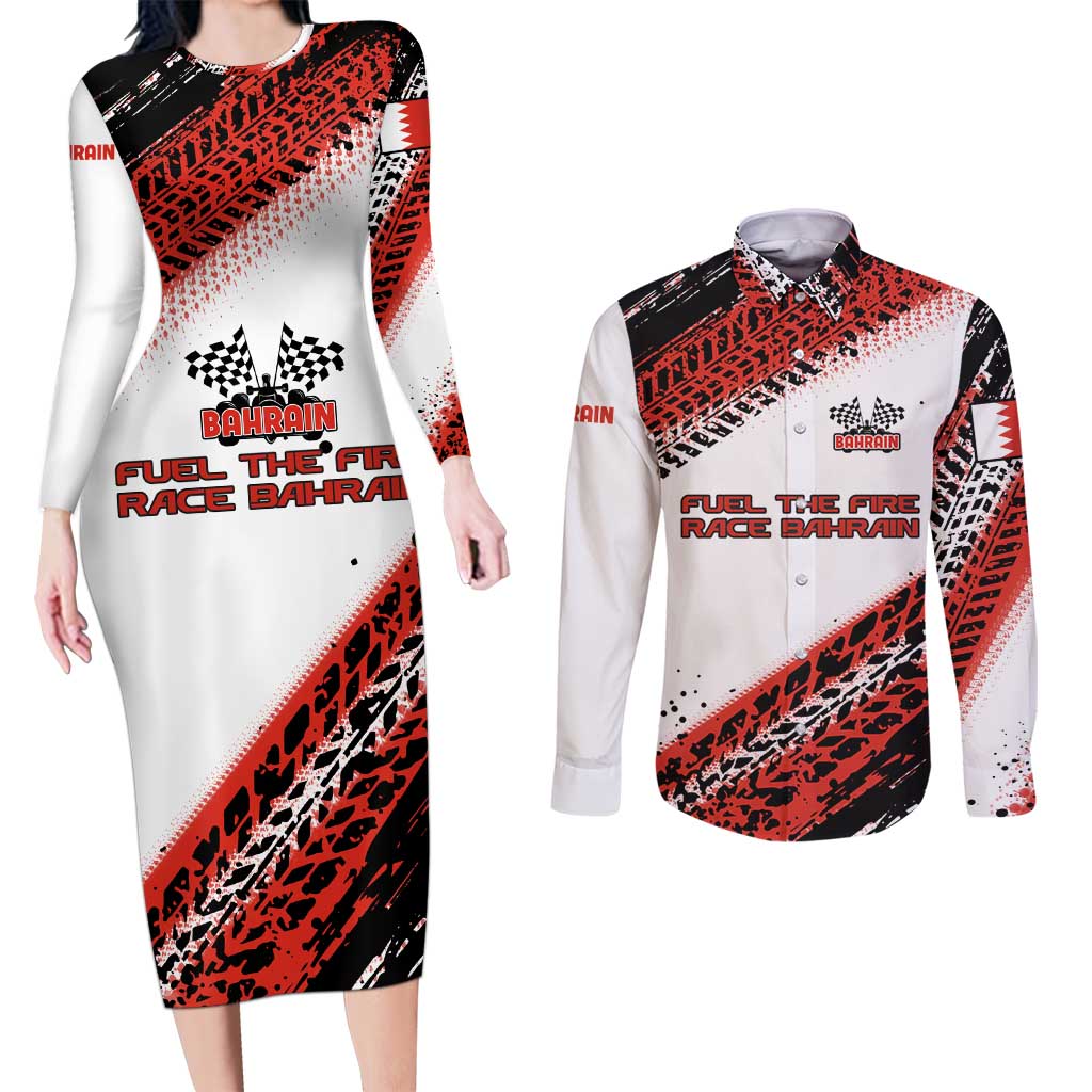 Formula 1 Inspired Bahrain Race Couples Matching Long Sleeve Bodycon Dress and Long Sleeve Button Shirt with Checkered Flag Print