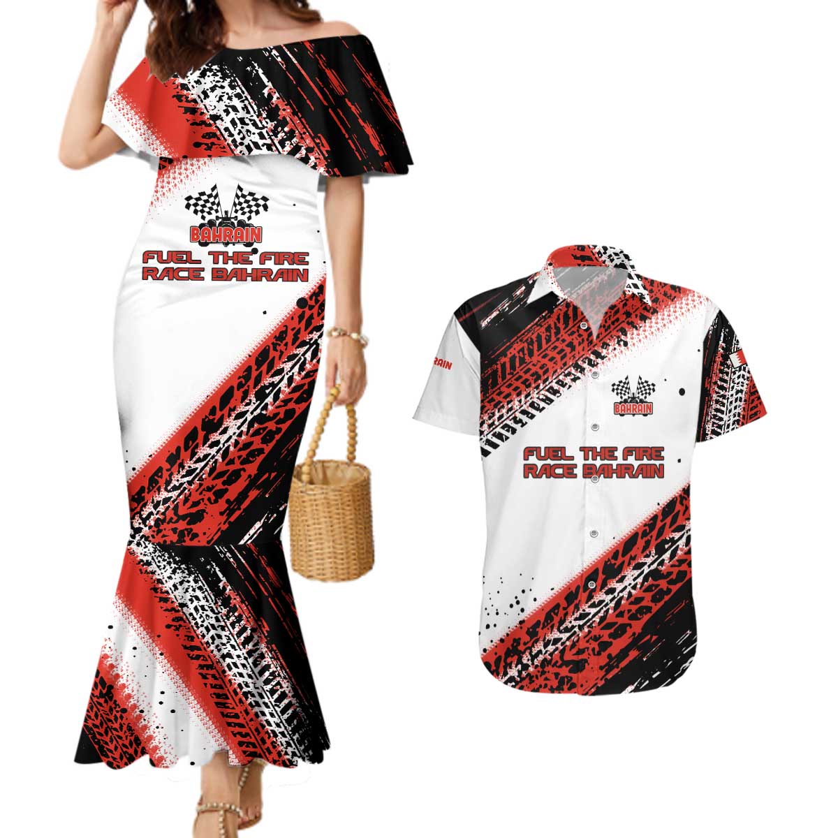 Formula 1 Inspired Bahrain Race Couples Matching Mermaid Dress and Hawaiian Shirt with Checkered Flag Print