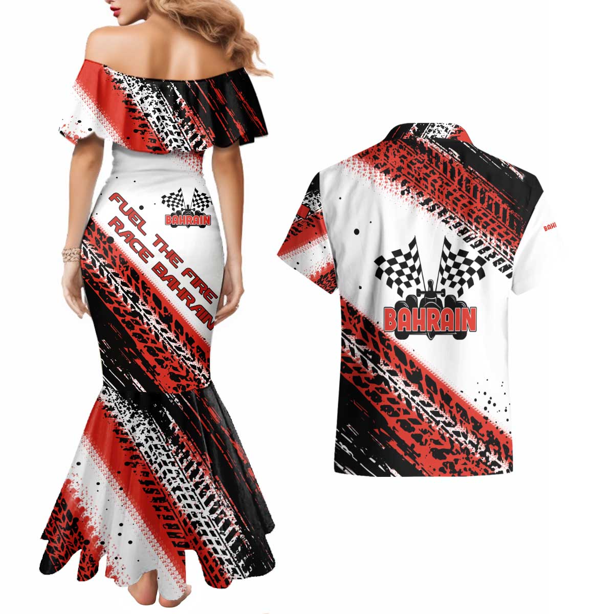 Formula 1 Inspired Bahrain Race Couples Matching Mermaid Dress and Hawaiian Shirt with Checkered Flag Print