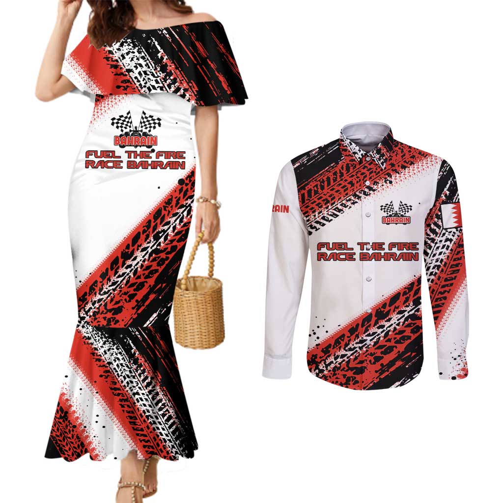 Formula 1 Inspired Bahrain Race Couples Matching Mermaid Dress and Long Sleeve Button Shirt with Checkered Flag Print