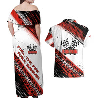 Formula 1 Inspired Bahrain Race Couples Matching Off Shoulder Maxi Dress and Hawaiian Shirt with Checkered Flag Print
