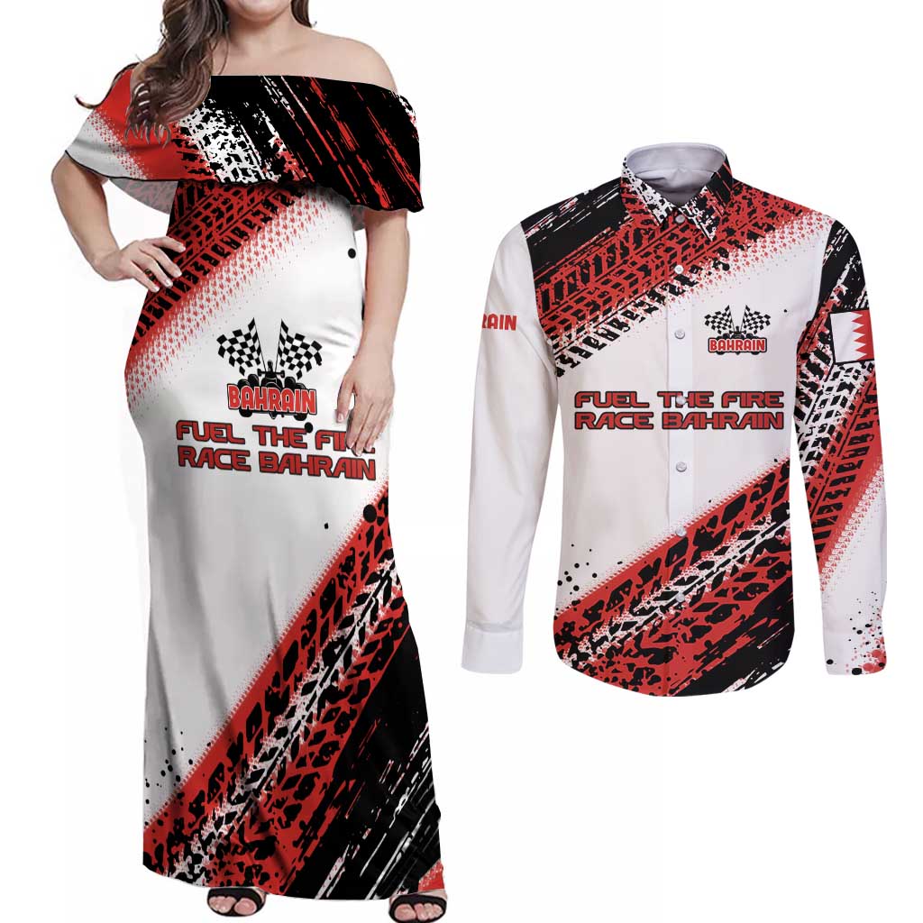 Formula 1 Inspired Bahrain Race Couples Matching Off Shoulder Maxi Dress and Long Sleeve Button Shirt with Checkered Flag Print