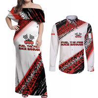 Formula 1 Inspired Bahrain Race Couples Matching Off Shoulder Maxi Dress and Long Sleeve Button Shirt with Checkered Flag Print