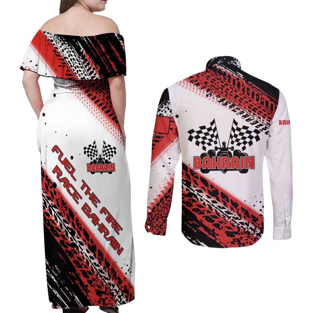 Formula 1 Inspired Bahrain Race Couples Matching Off Shoulder Maxi Dress and Long Sleeve Button Shirt with Checkered Flag Print