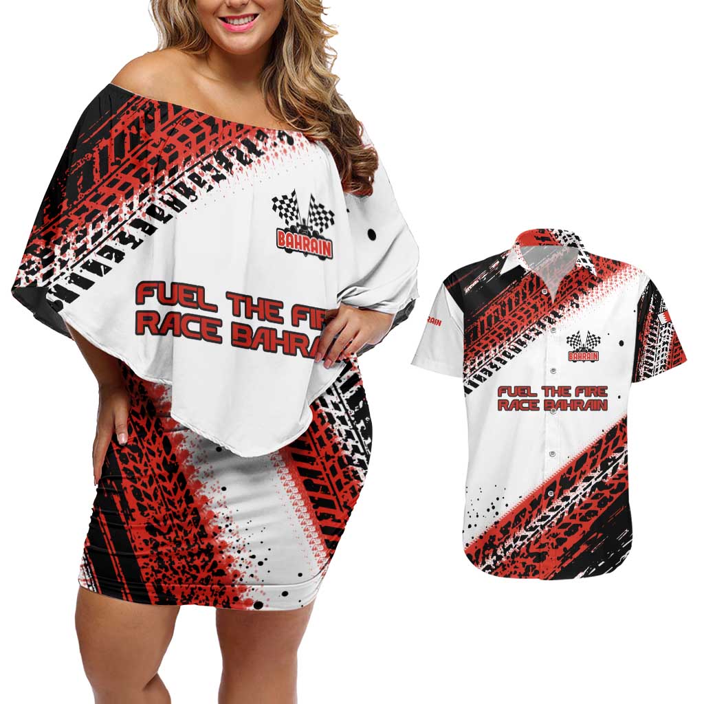 Formula 1 Inspired Bahrain Race Couples Matching Off Shoulder Short Dress and Hawaiian Shirt with Checkered Flag Print