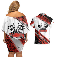 Formula 1 Inspired Bahrain Race Couples Matching Off Shoulder Short Dress and Hawaiian Shirt with Checkered Flag Print