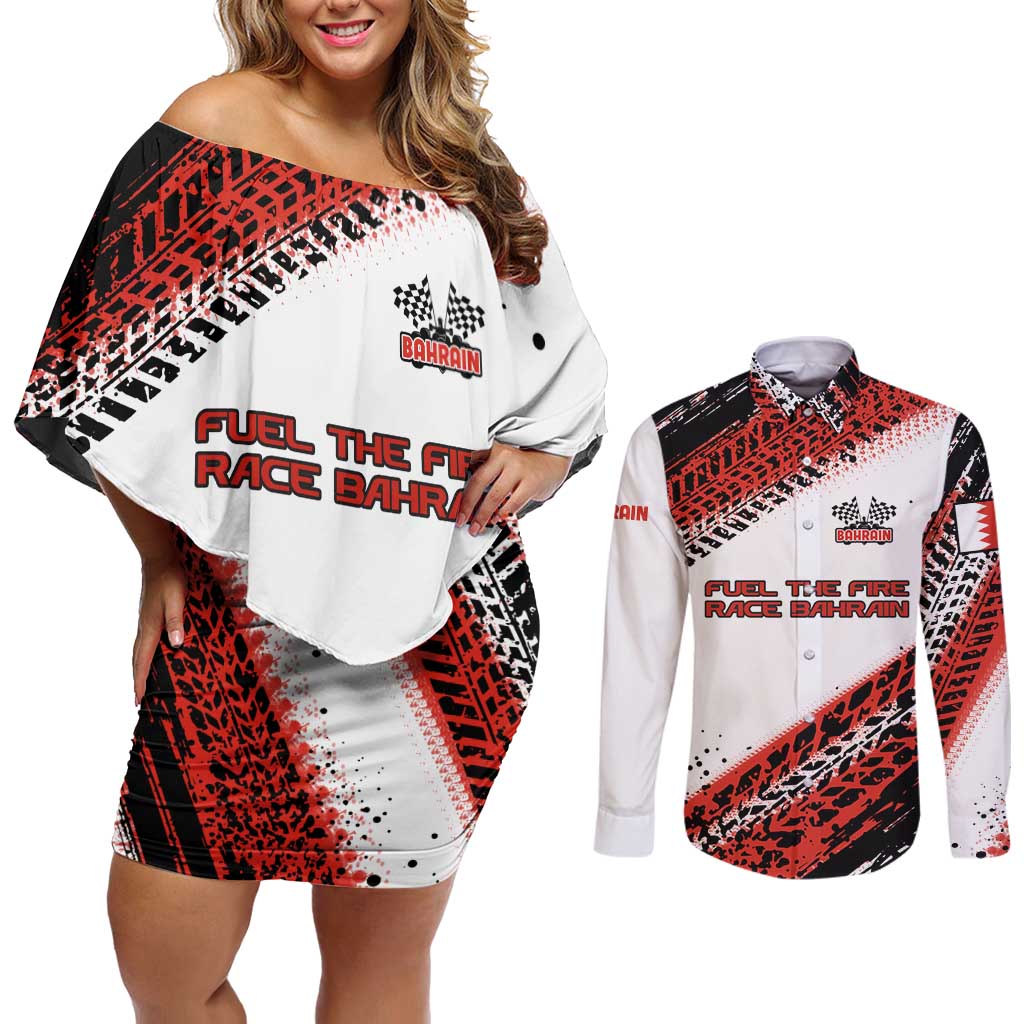 Formula 1 Inspired Bahrain Race Couples Matching Off Shoulder Short Dress and Long Sleeve Button Shirt with Checkered Flag Print