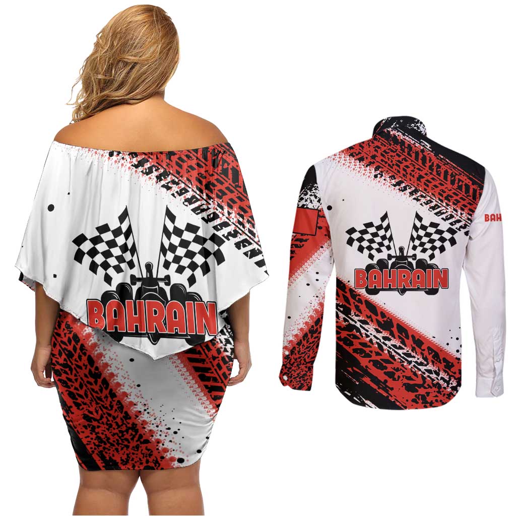 Formula 1 Inspired Bahrain Race Couples Matching Off Shoulder Short Dress and Long Sleeve Button Shirt with Checkered Flag Print