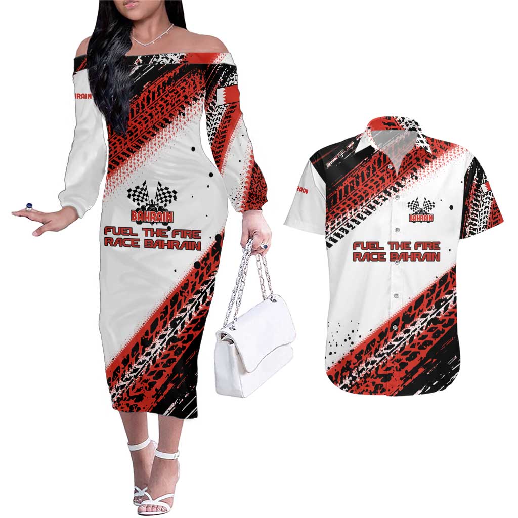 Formula 1 Inspired Bahrain Race Couples Matching Off The Shoulder Long Sleeve Dress and Hawaiian Shirt with Checkered Flag Print