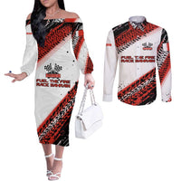 Formula 1 Inspired Bahrain Race Couples Matching Off The Shoulder Long Sleeve Dress and Long Sleeve Button Shirt with Checkered Flag Print