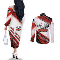 Formula 1 Inspired Bahrain Race Couples Matching Off The Shoulder Long Sleeve Dress and Long Sleeve Button Shirt with Checkered Flag Print