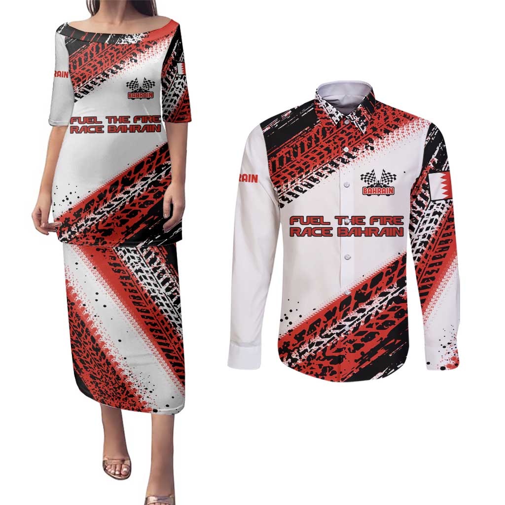 Formula 1 Inspired Bahrain Race Couples Matching Puletasi and Long Sleeve Button Shirt with Checkered Flag Print