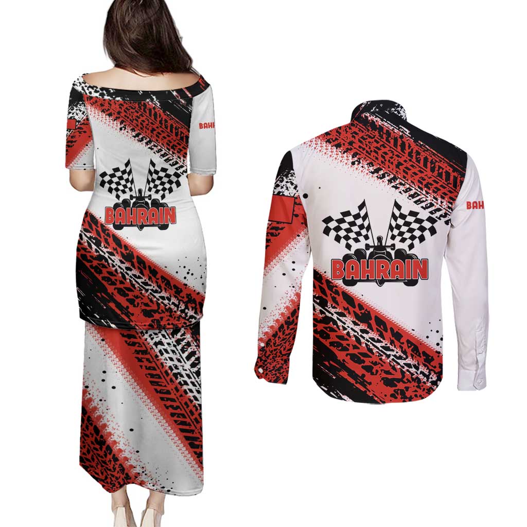 Formula 1 Inspired Bahrain Race Couples Matching Puletasi and Long Sleeve Button Shirt with Checkered Flag Print