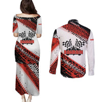 Formula 1 Inspired Bahrain Race Couples Matching Puletasi and Long Sleeve Button Shirt with Checkered Flag Print