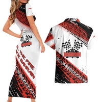Formula 1 Inspired Bahrain Race Couples Matching Short Sleeve Bodycon Dress and Hawaiian Shirt with Checkered Flag Print