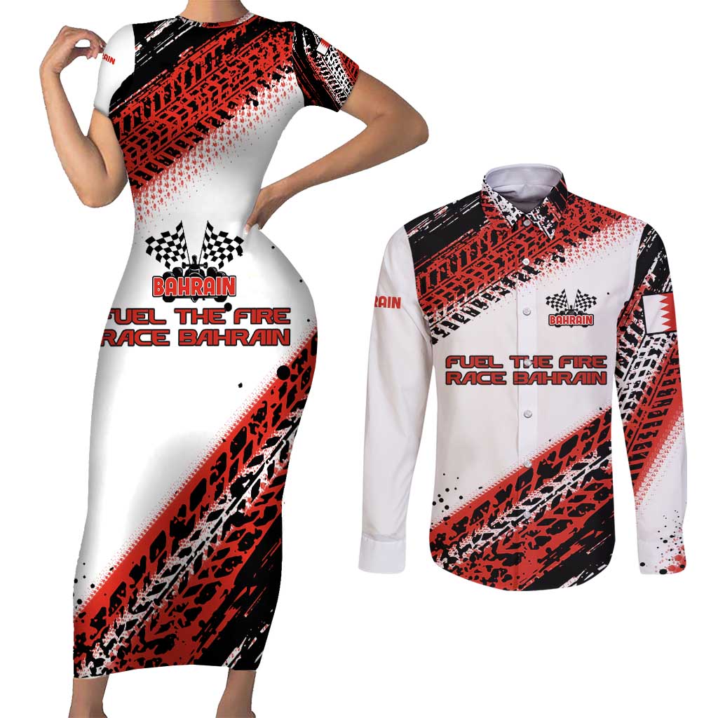 Formula 1 Inspired Bahrain Race Couples Matching Short Sleeve Bodycon Dress and Long Sleeve Button Shirt with Checkered Flag Print