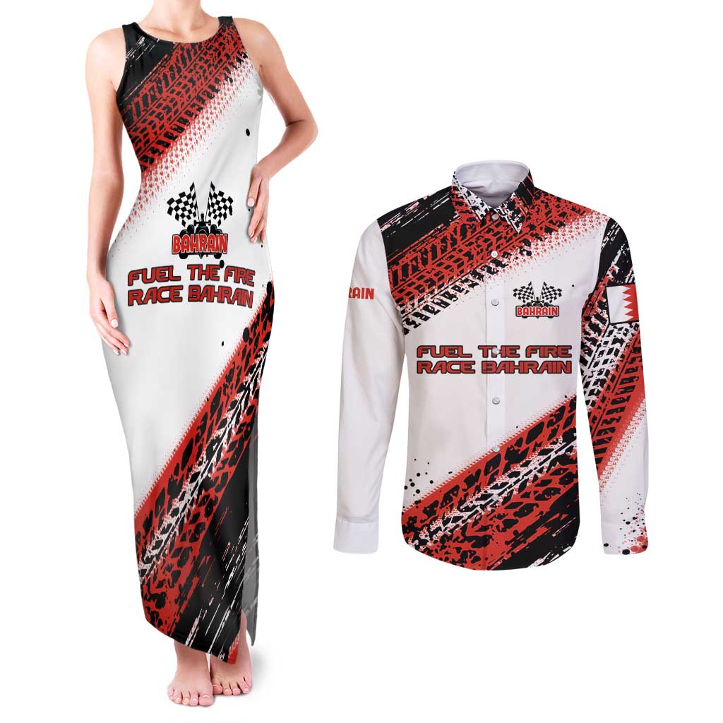 Formula 1 Inspired Bahrain Race Couples Matching Tank Maxi Dress and Long Sleeve Button Shirt with Checkered Flag Print