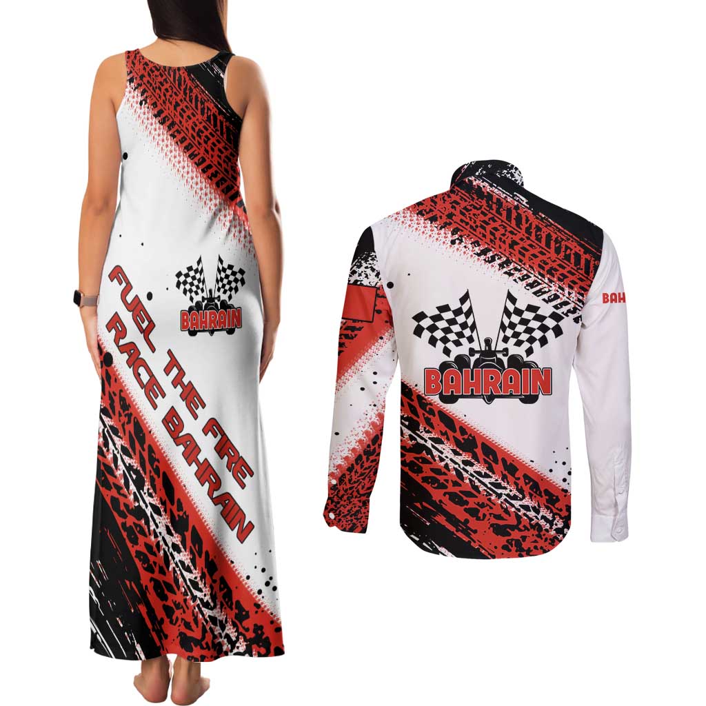 Formula 1 Inspired Bahrain Race Couples Matching Tank Maxi Dress and Long Sleeve Button Shirt with Checkered Flag Print