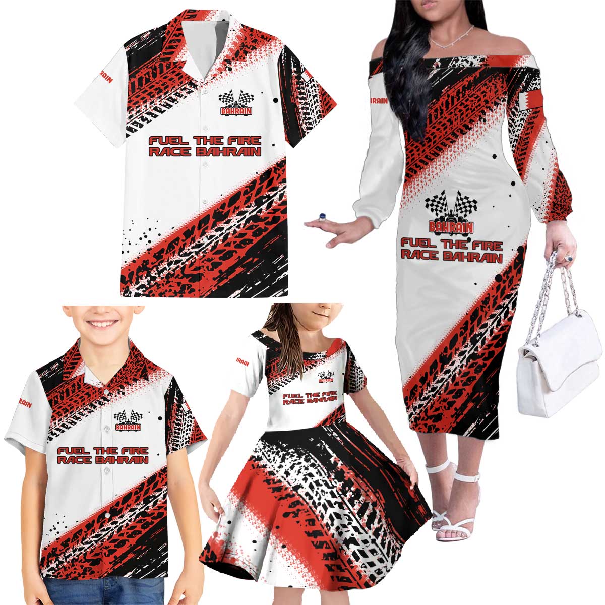 Formula 1 Inspired Bahrain Race Family Matching Off The Shoulder Long Sleeve Dress and Hawaiian Shirt with Checkered Flag Print