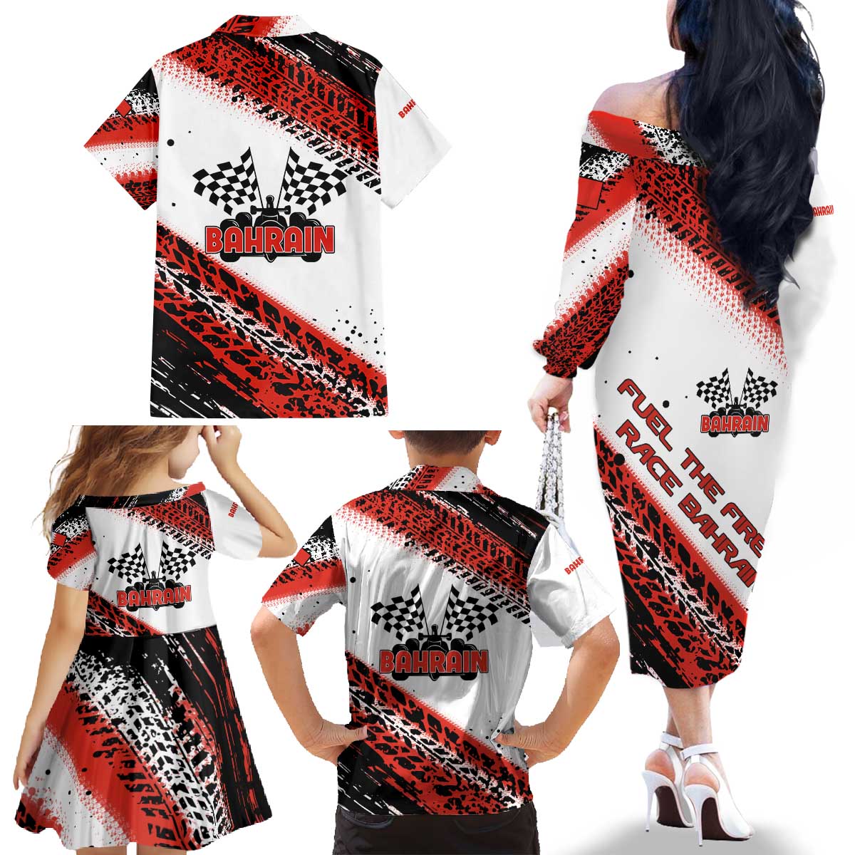 Formula 1 Inspired Bahrain Race Family Matching Off The Shoulder Long Sleeve Dress and Hawaiian Shirt with Checkered Flag Print