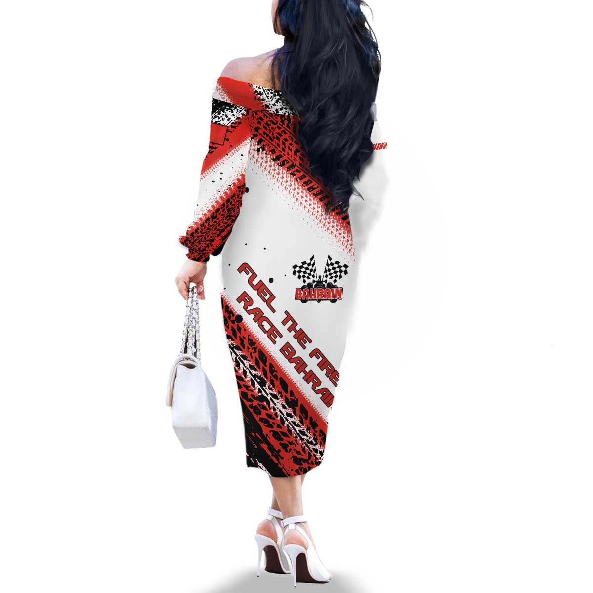 Formula 1 Inspired Bahrain Race Family Matching Off The Shoulder Long Sleeve Dress and Hawaiian Shirt with Checkered Flag Print