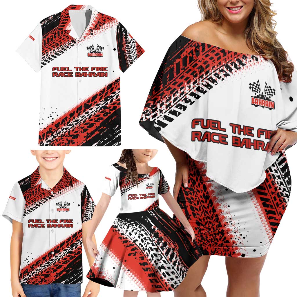 Formula 1 Inspired Bahrain Race Family Matching Off Shoulder Short Dress and Hawaiian Shirt with Checkered Flag Print