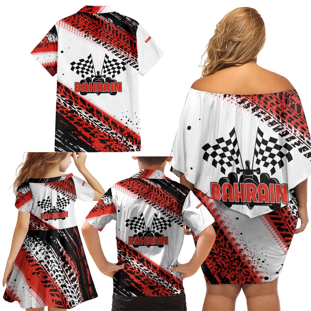Formula 1 Inspired Bahrain Race Family Matching Off Shoulder Short Dress and Hawaiian Shirt with Checkered Flag Print