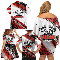 Formula 1 Inspired Bahrain Race Family Matching Off Shoulder Short Dress and Hawaiian Shirt with Checkered Flag Print