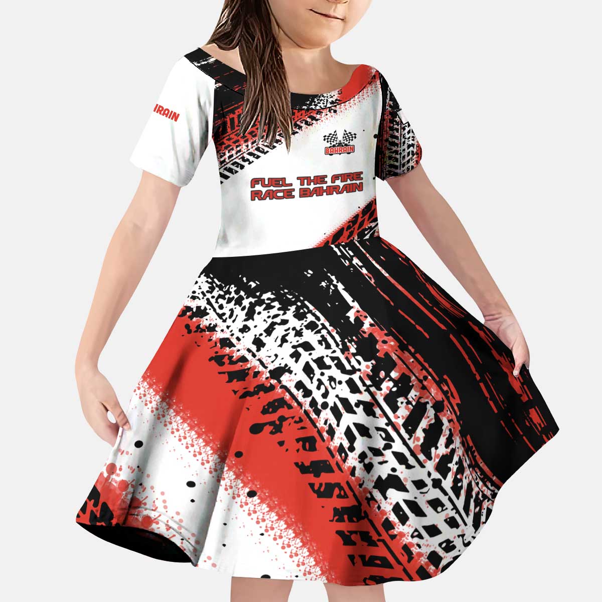 Formula 1 Inspired Bahrain Race Kid Short Sleeve Dress with Checkered Flag Print