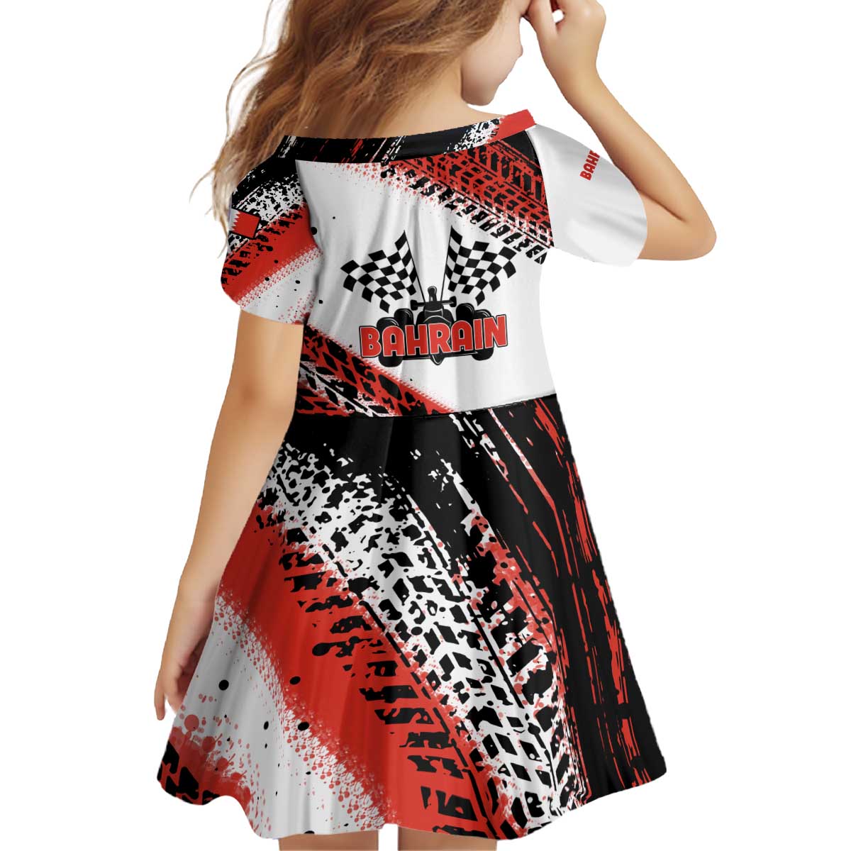 Formula 1 Inspired Bahrain Race Kid Short Sleeve Dress with Checkered Flag Print