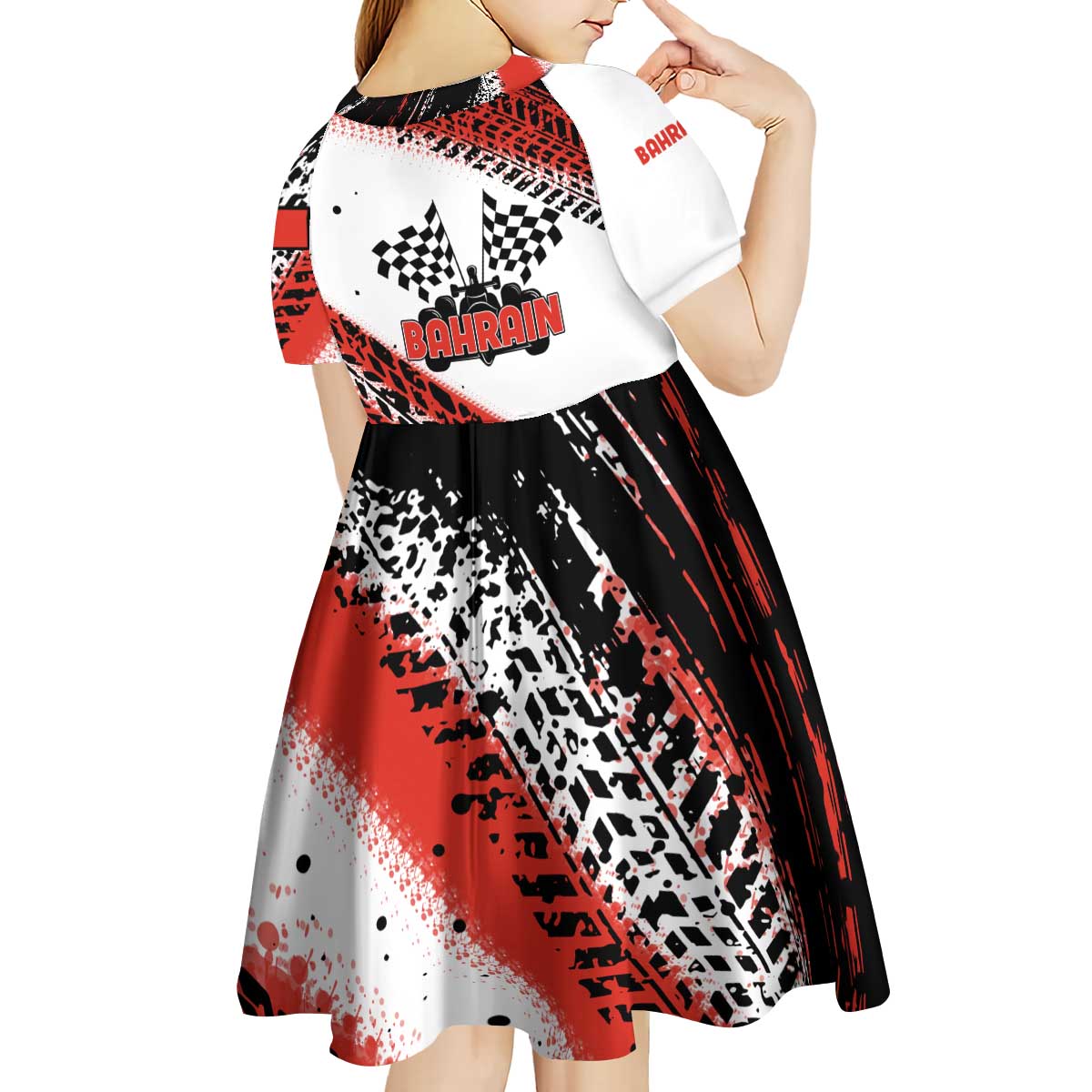 Formula 1 Inspired Bahrain Race Kid Short Sleeve Dress with Checkered Flag Print