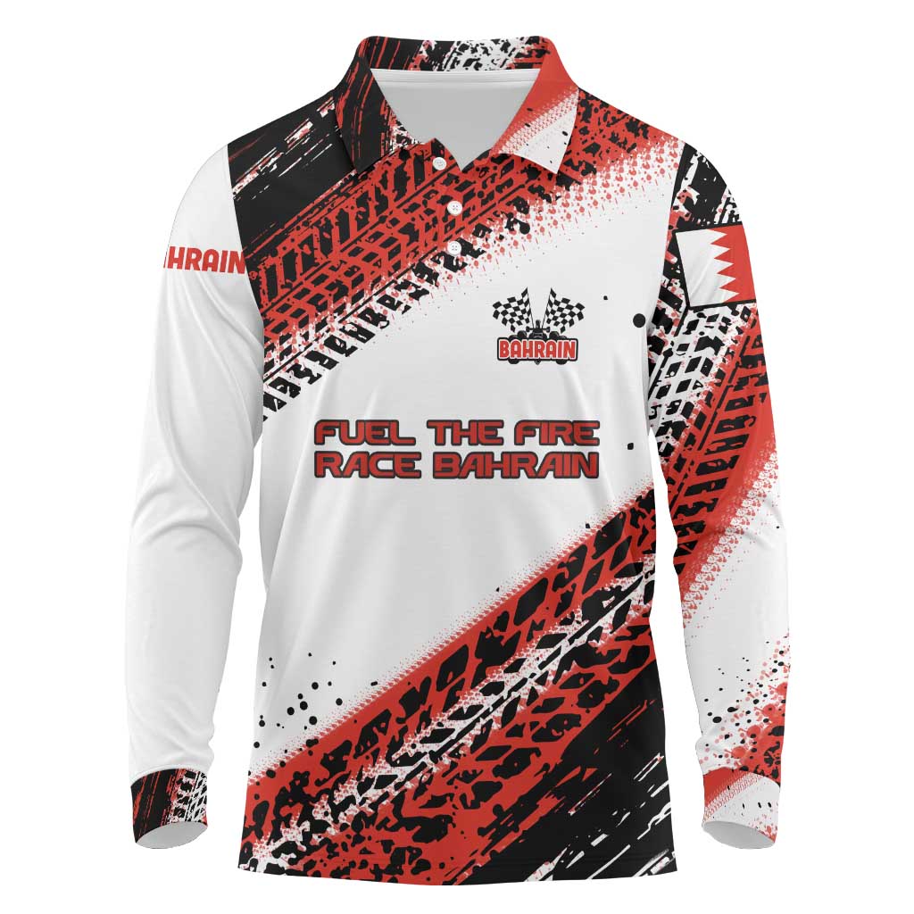 Formula 1 Inspired Bahrain Race Long Sleeve Polo Shirt with Checkered Flag Print