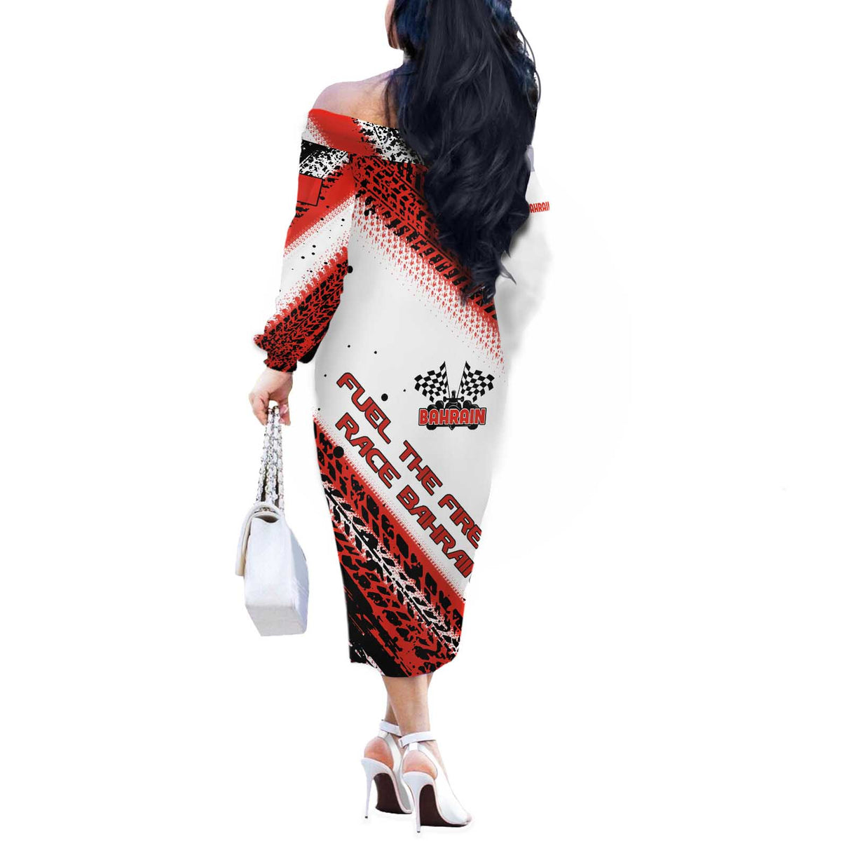 Formula 1 Inspired Bahrain Race Off The Shoulder Long Sleeve Dress with Checkered Flag Print