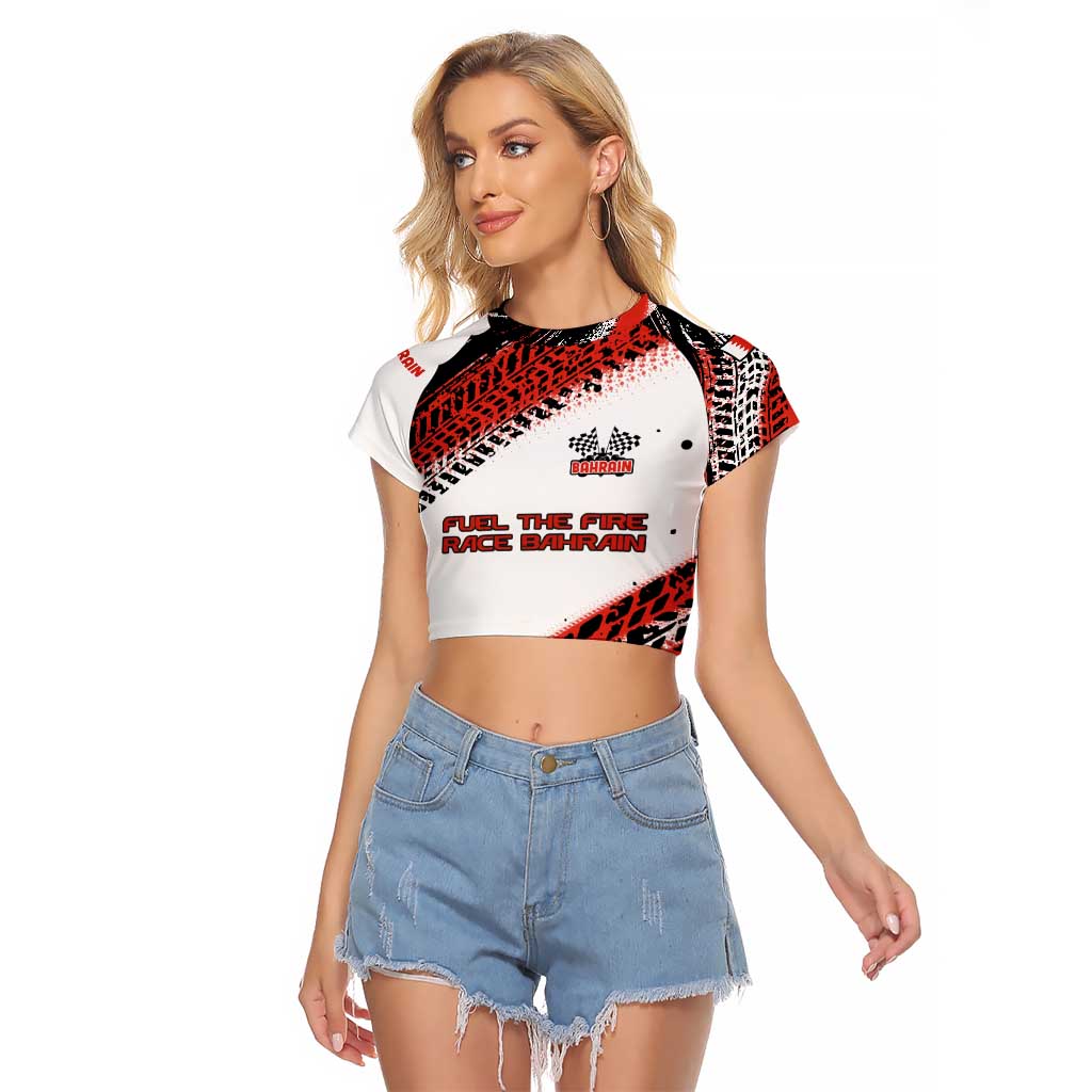 Formula 1 Inspired Bahrain Race Raglan Cropped T Shirt with Checkered Flag Print