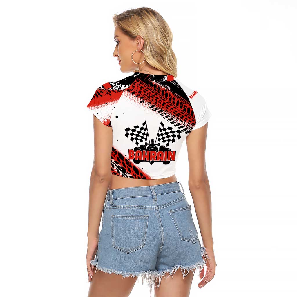 Formula 1 Inspired Bahrain Race Raglan Cropped T Shirt with Checkered Flag Print