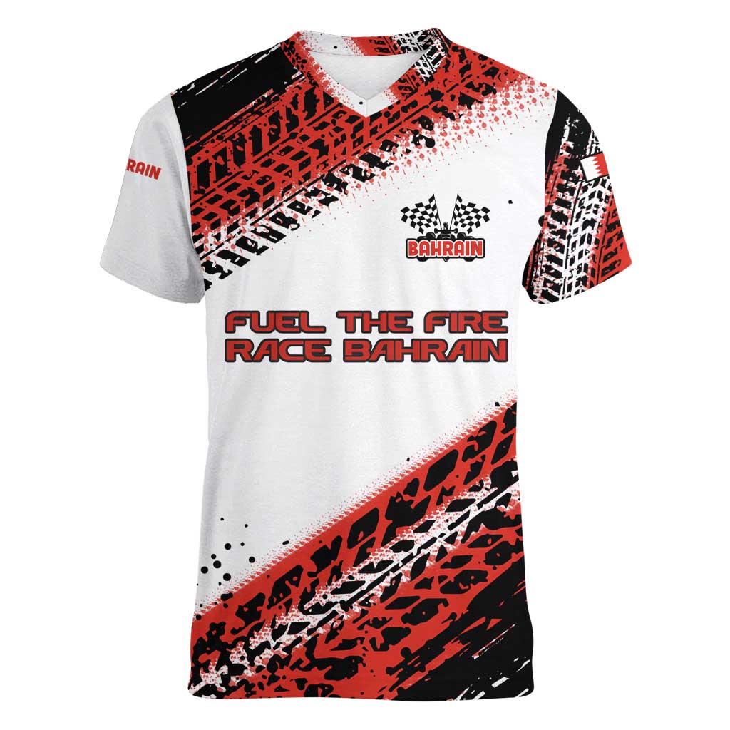 Formula 1 Inspired Bahrain Race Women V-Neck T-Shirt with Checkered Flag Print