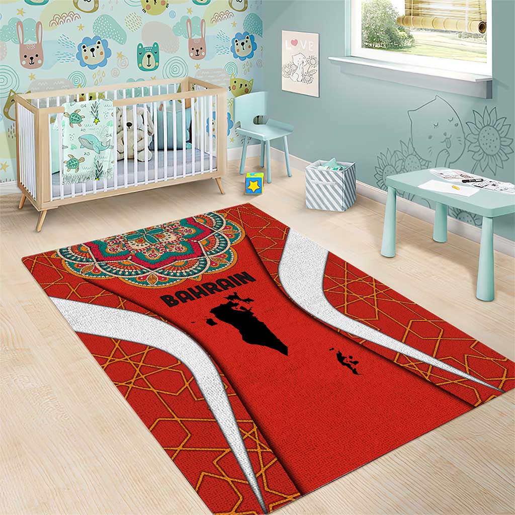 Bahrain Mandala Pattern Area Rug with National Map and Arabic Geometric Design