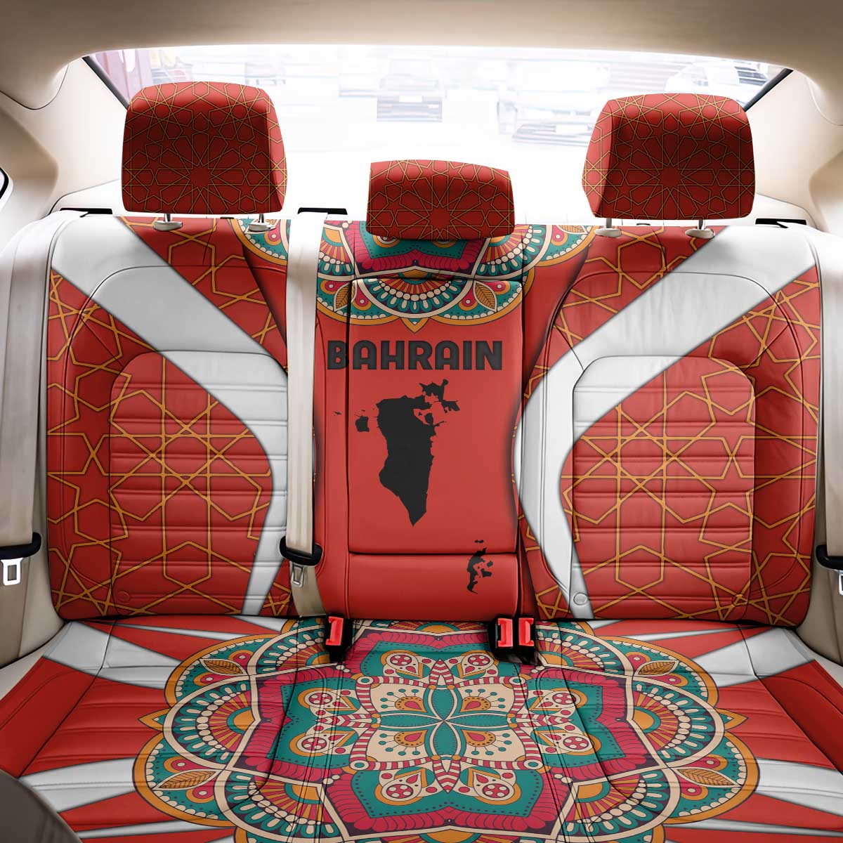 Bahrain Mandala Pattern Back Car Seat Cover with National Map and Arabic Geometric Design