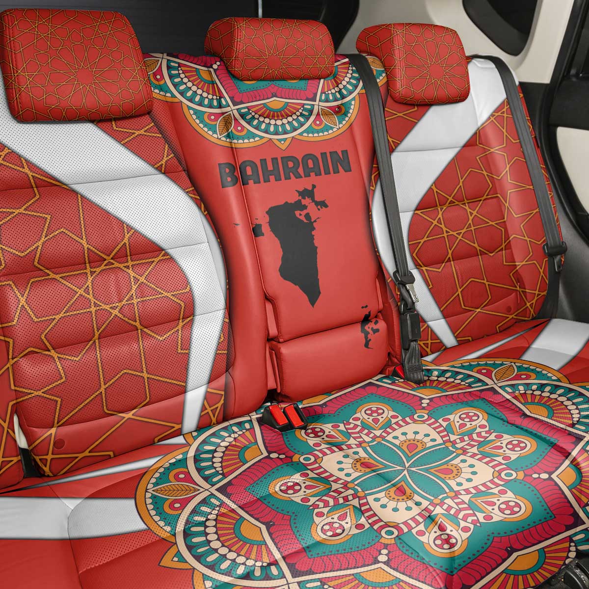 Bahrain Mandala Pattern Back Car Seat Cover with National Map and Arabic Geometric Design