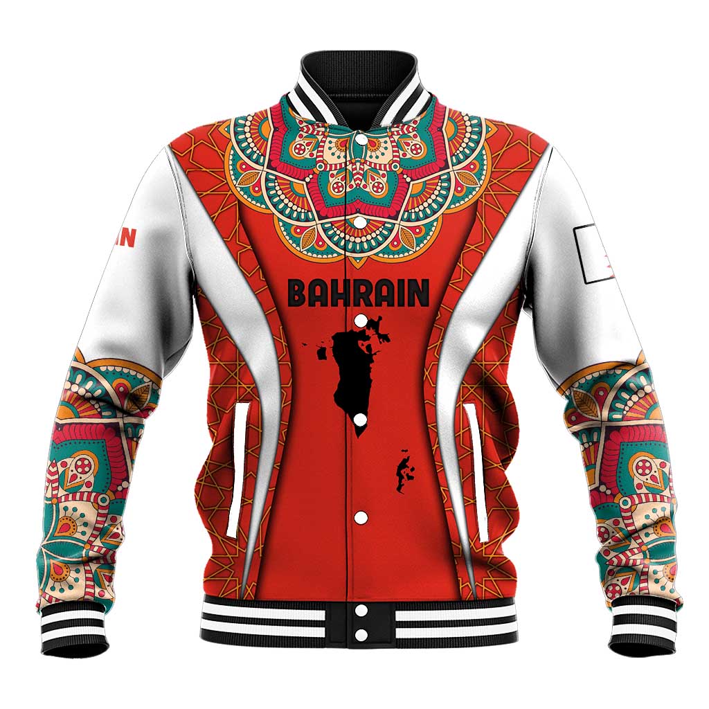 Bahrain Mandala Pattern Baseball Jacket with National Map and Arabic Geometric Design