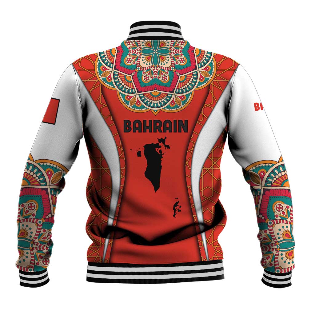 Bahrain Mandala Pattern Baseball Jacket with National Map and Arabic Geometric Design