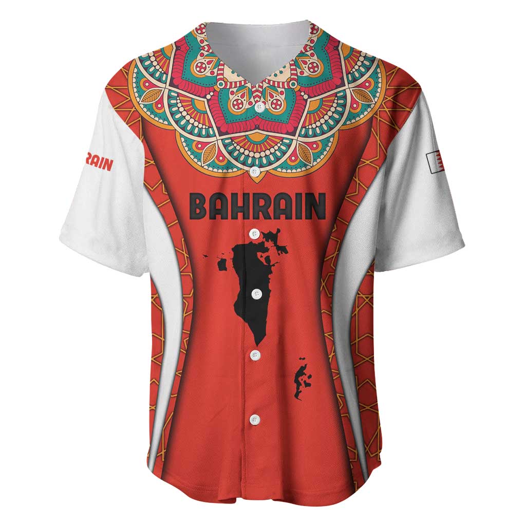 Bahrain Mandala Pattern Baseball Jersey with National Map and Arabic Geometric Design