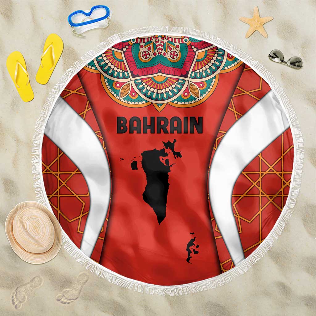 Bahrain Mandala Pattern Beach Blanket with National Map and Arabic Geometric Design