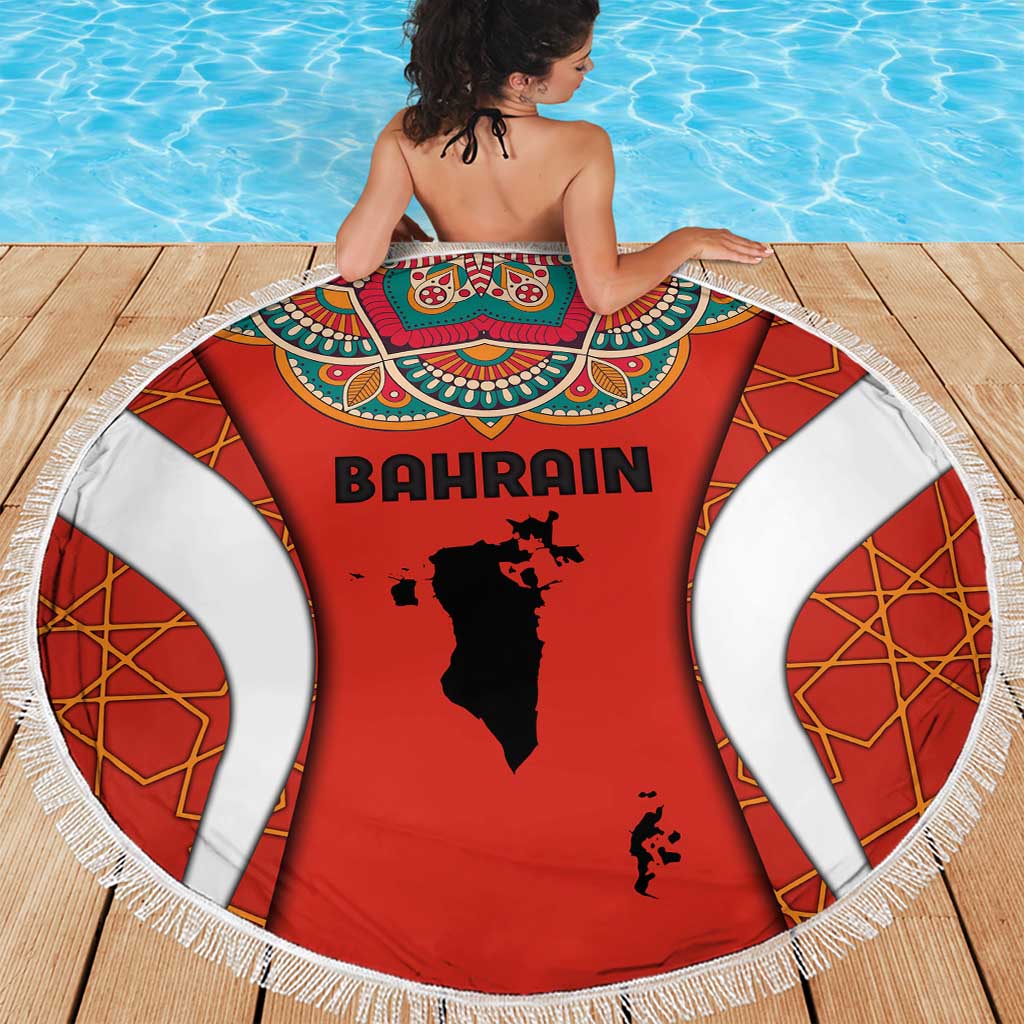 Bahrain Mandala Pattern Beach Blanket with National Map and Arabic Geometric Design