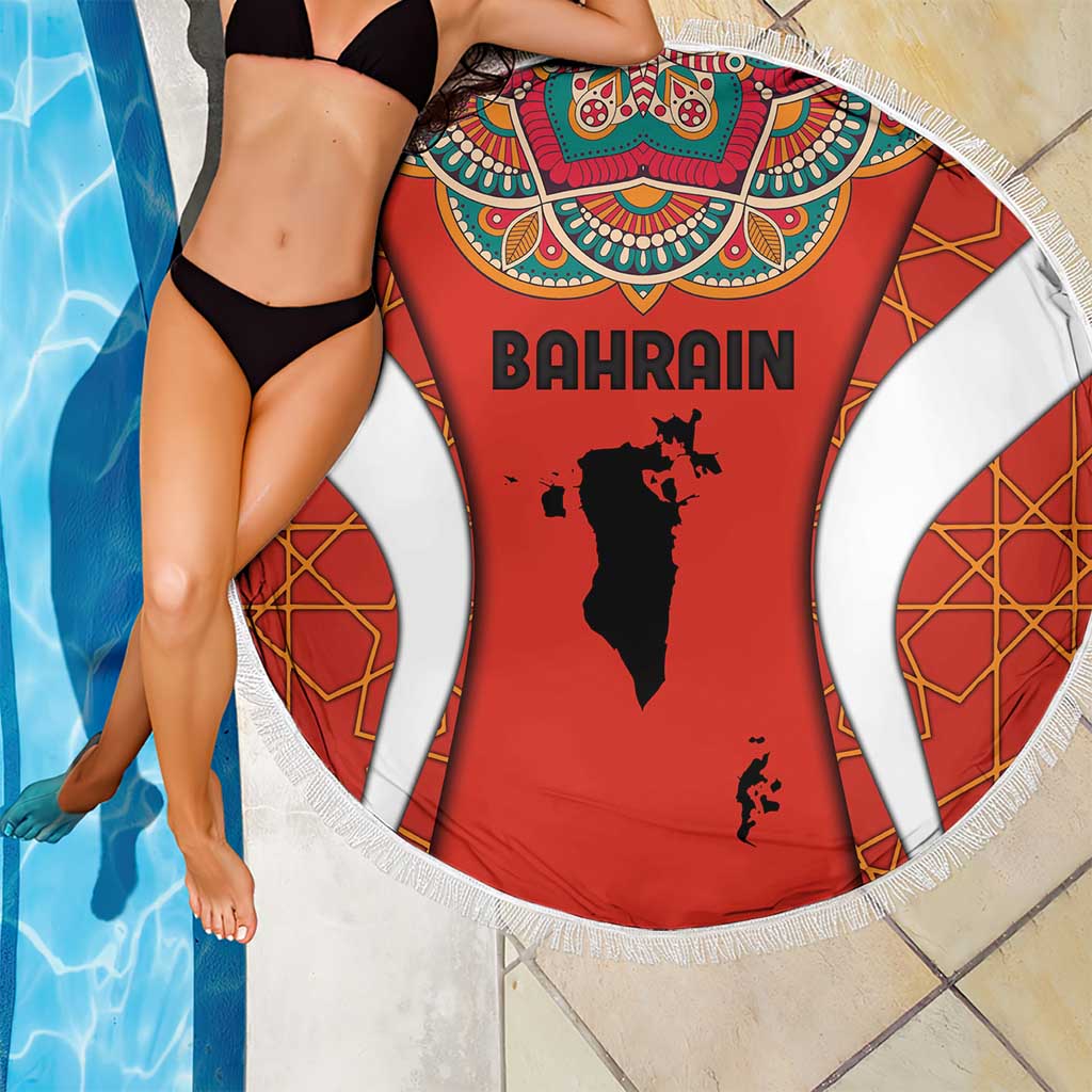 Bahrain Mandala Pattern Beach Blanket with National Map and Arabic Geometric Design