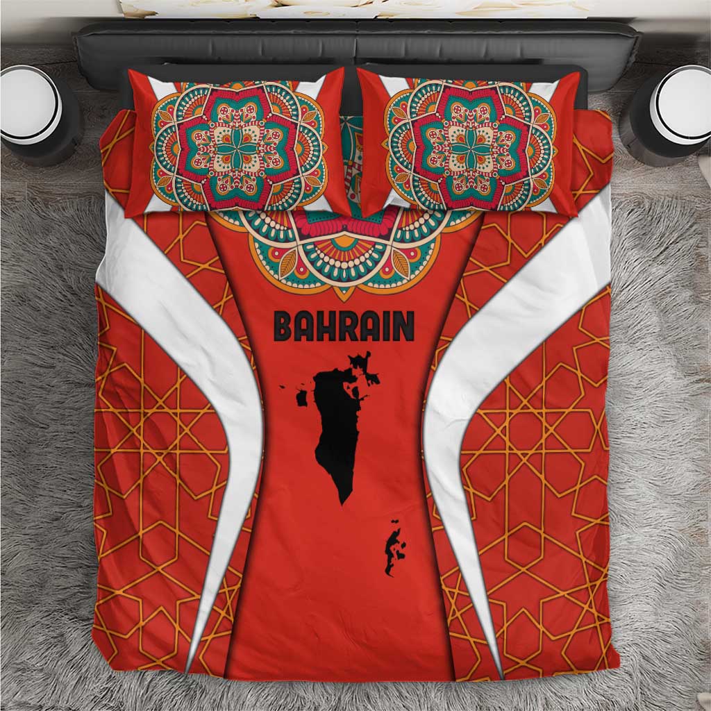 Bahrain Mandala Pattern Bedding Set with National Map and Arabic Geometric Design