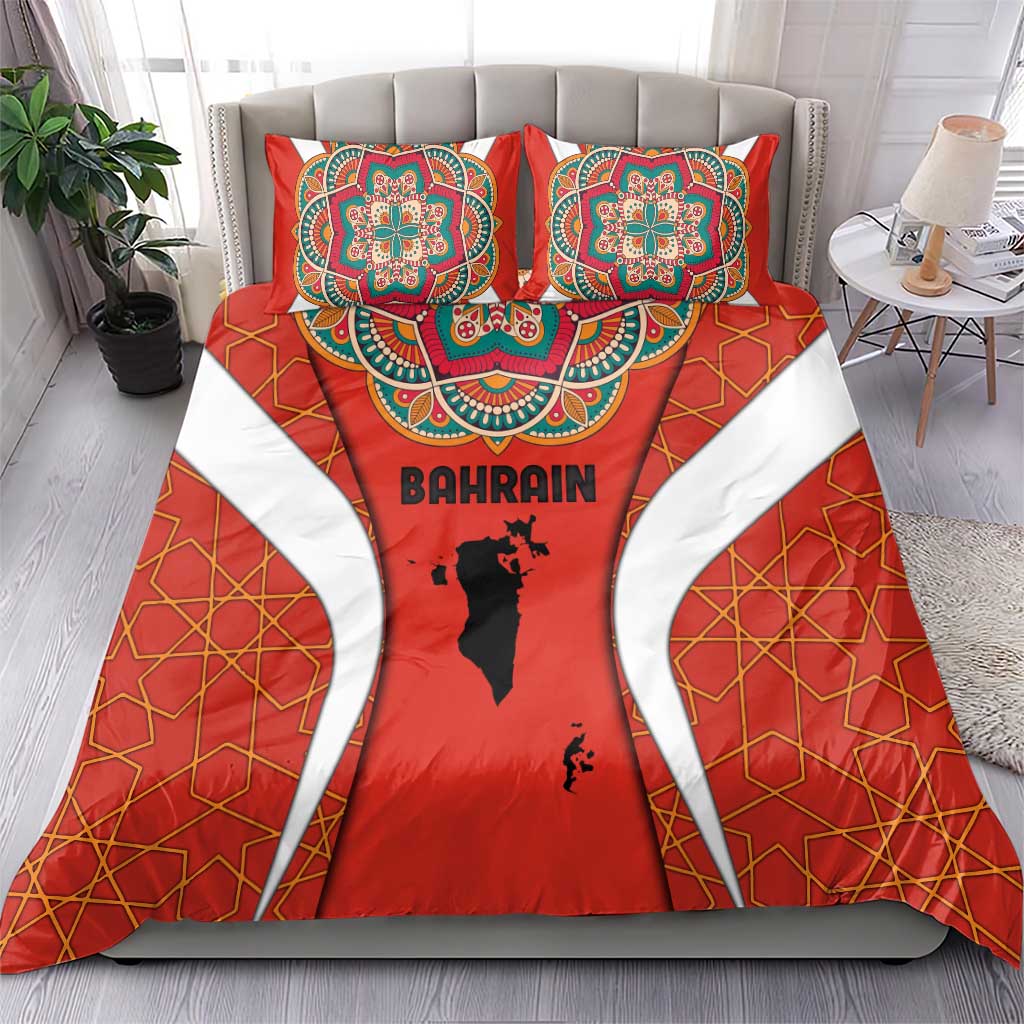 Bahrain Mandala Pattern Bedding Set with National Map and Arabic Geometric Design