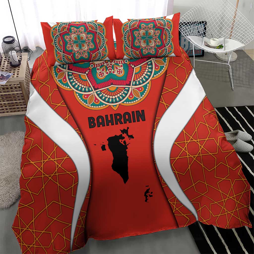 Bahrain Mandala Pattern Bedding Set with National Map and Arabic Geometric Design