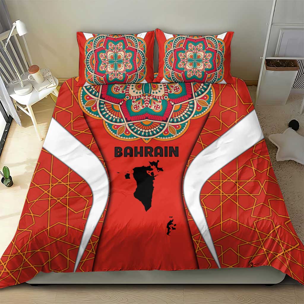 Bahrain Mandala Pattern Bedding Set with National Map and Arabic Geometric Design